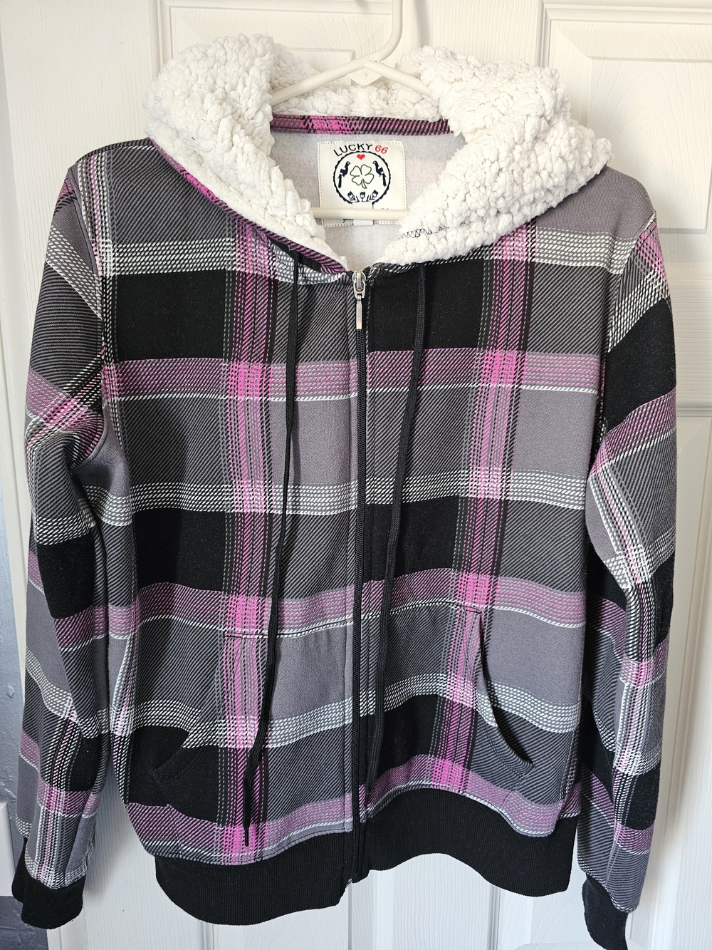 Lucky 66 Plaid Zip-Up Hoodie with Sherpa Lined Hood - Size L